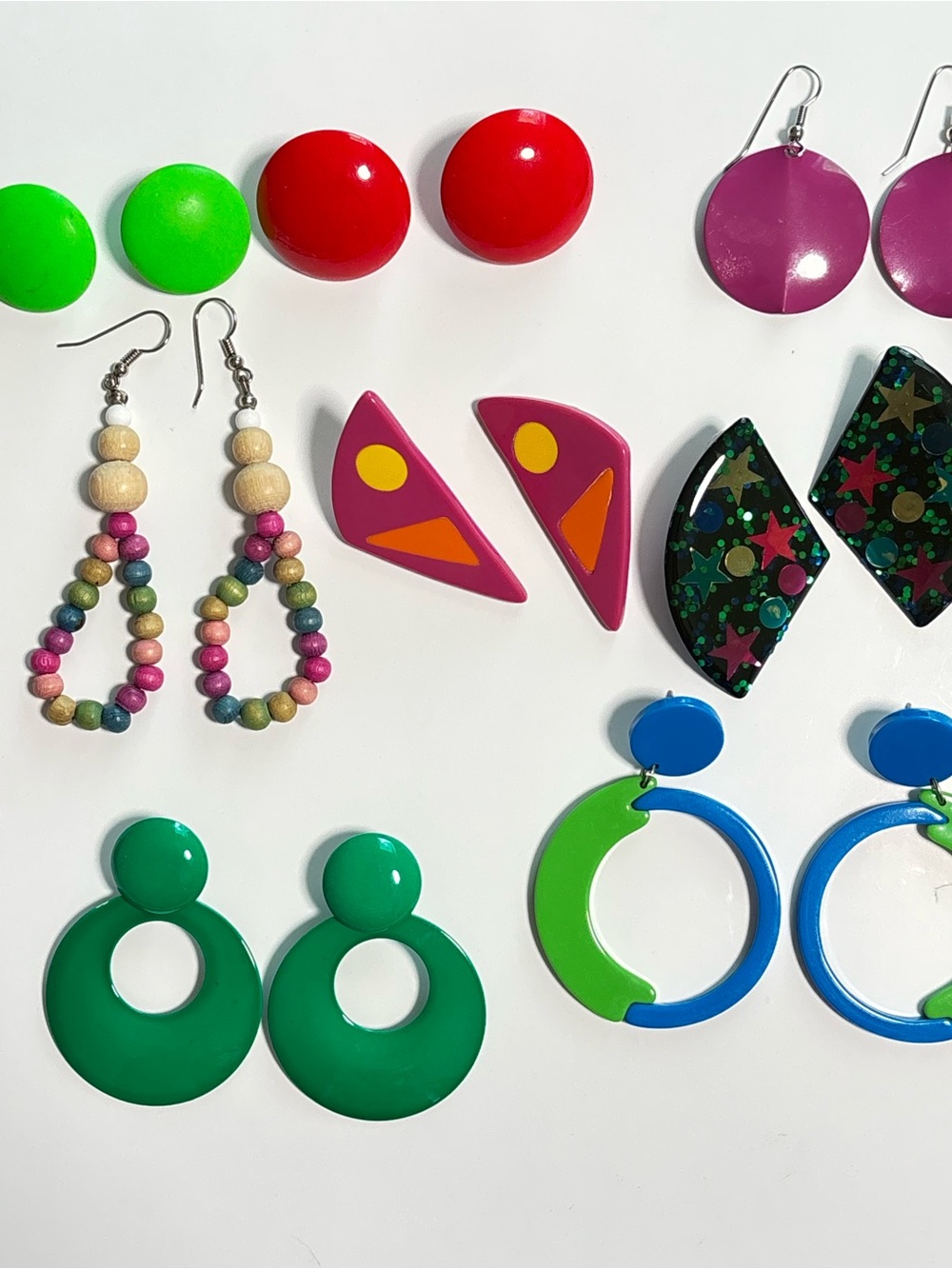 Lot,Vintage Earrings, 80s. Wooden, plastic, tin. 11 pairs great condition
